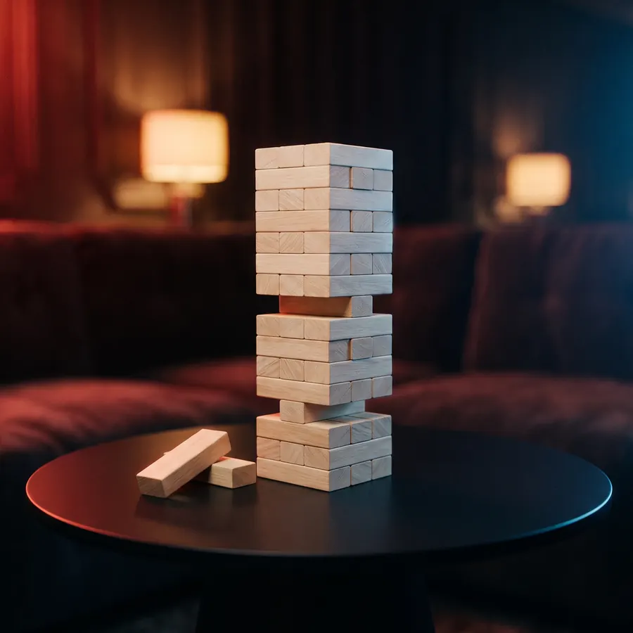 A tower of plain pale wooden blocks stacked in alternating layers on a dark table, two loose blocks beside it.