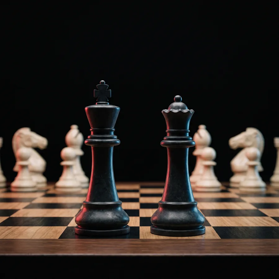 A wooden chess board seen from across the surface: a black king and queen standing forward, white knights, bishops and pawns behind them, against black.