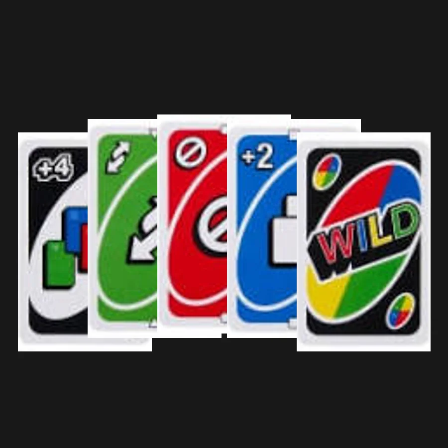 Five UNO cards laid in a row on a dark ground: a wild draw four, a green reverse, a red skip, a blue draw two, and a wild.