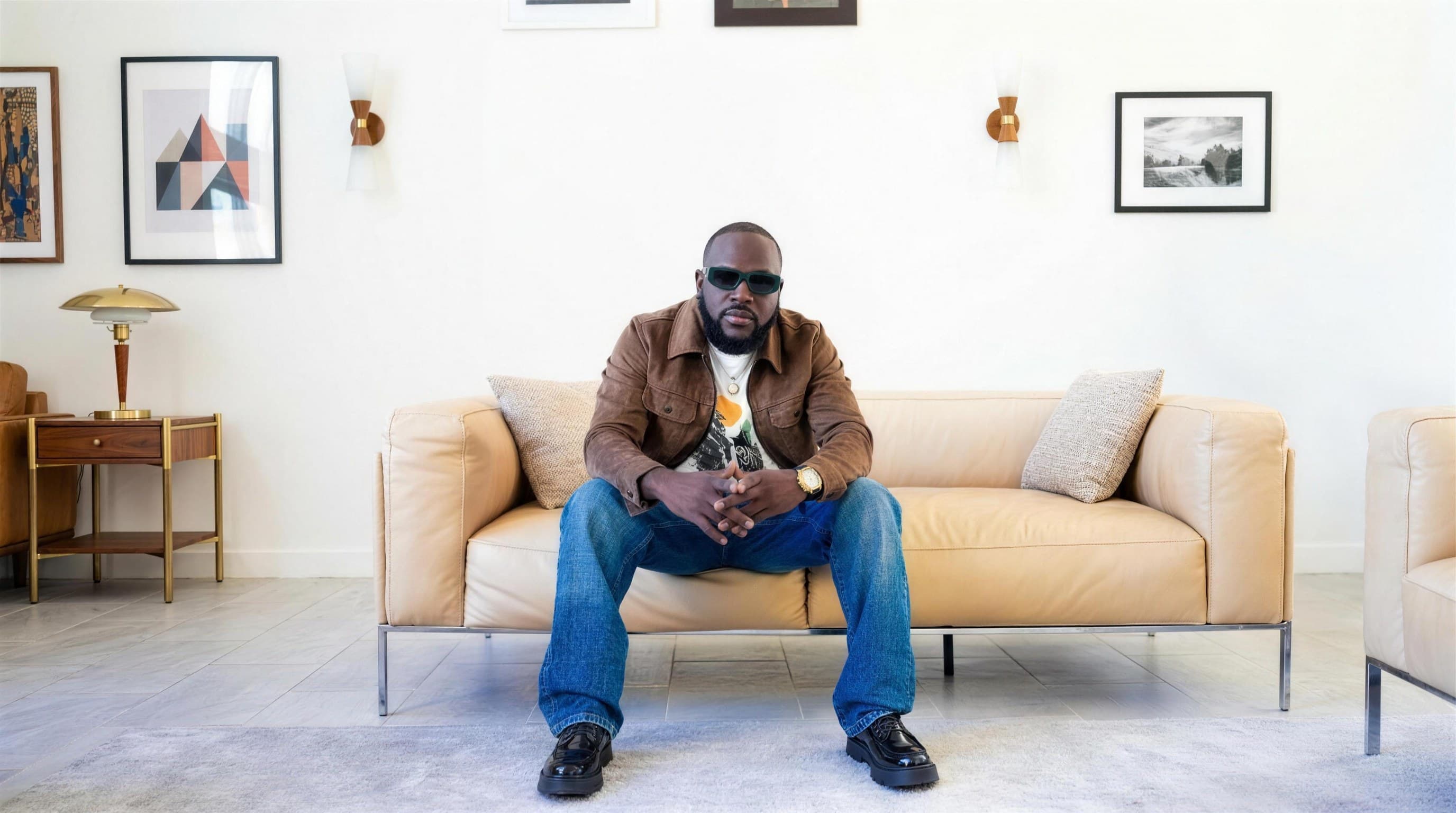 Saan, seated on a tan leather sofa in a bright room hung with framed pictures.