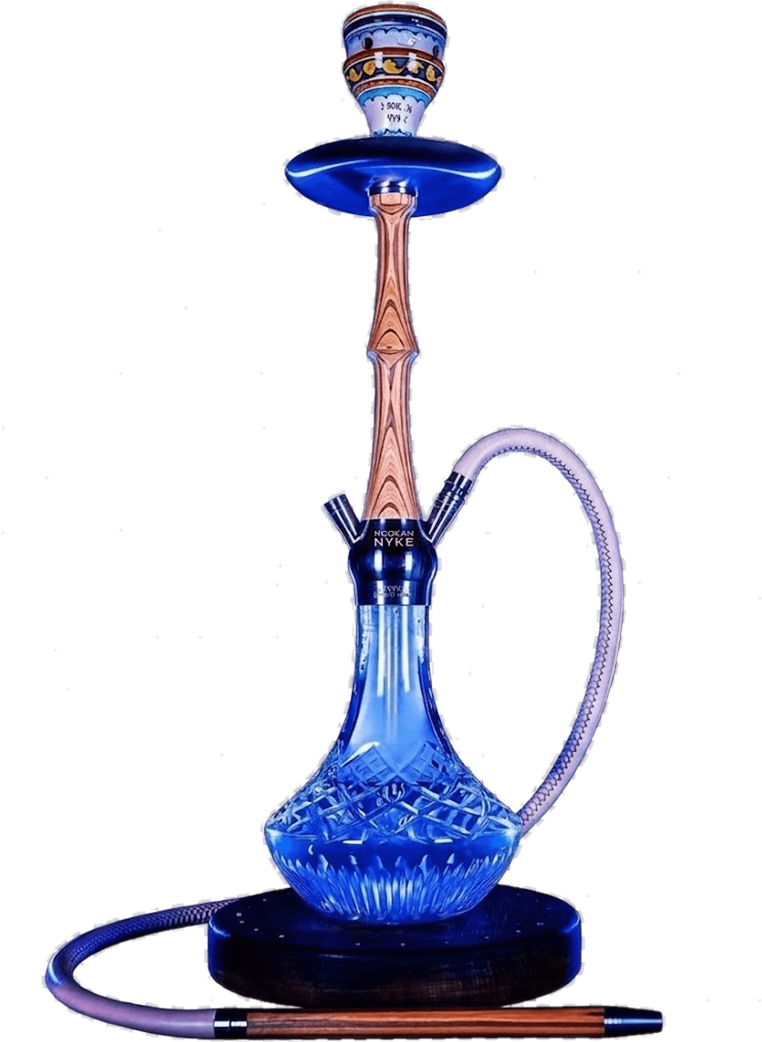 A blue crystal-cut hookah with a carved wooden stem and a coiled hose, set on a dark wooden base.